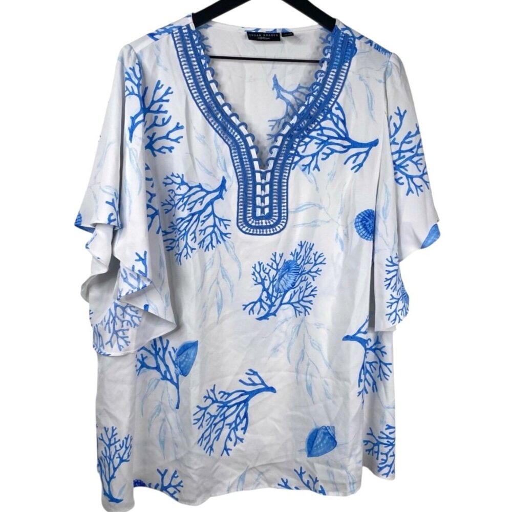 Susan Graver  Artisan Top Women's White 2X Coral Shell Print Appliqué Resort